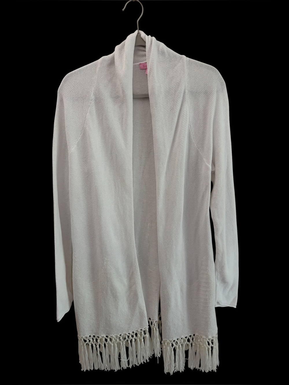 Lilly Pulitzer Tatum 100% Cotton White Fringe Open-Front Cardigan Size L FLAWS